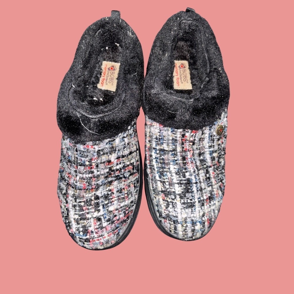 Skechers BOBS Slippers Womens Slip-On Clog Black Tweed Memory Foam Fur M/L‎ cozy